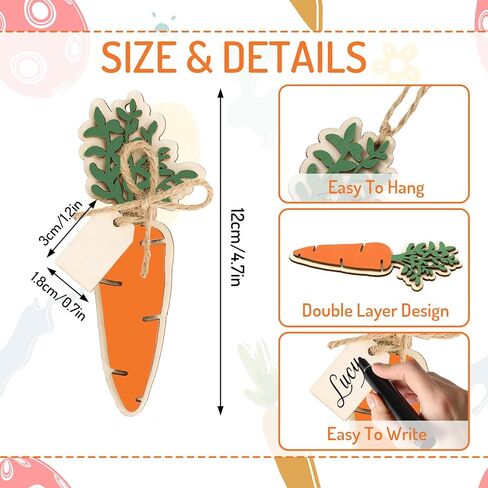 Easter Basket Name Tags Carrot Rustic Wooden Gift Tags Colorful Wood Cutouts Label Ornaments with Hemp Rope for Spring Holiday Party Farmhouse Tree, 6 Pcs in Kuwait