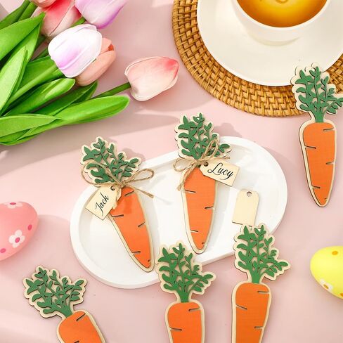 Easter Basket Name Tags Carrot Rustic Wooden Gift Tags Colorful Wood Cutouts Label Ornaments with Hemp Rope for Spring Holiday Party Farmhouse Tree, 6 Pcs in Kuwait
