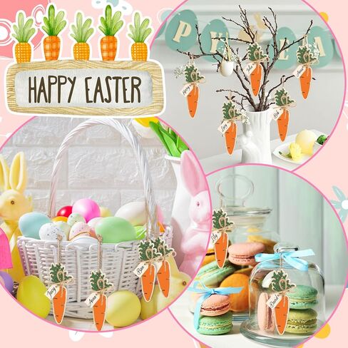 Easter Basket Name Tags Carrot Rustic Wooden Gift Tags Colorful Wood Cutouts Label Ornaments with Hemp Rope for Spring Holiday Party Farmhouse Tree, 6 Pcs in Kuwait