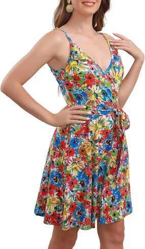 Aphratti Women's V-Neck Spaghetti Strap Faux Wrap Sundress Summer Casual Mini Sexy Fit and Flare Short Sun Dress in Kuwait