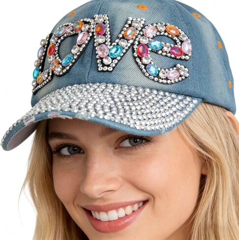 Elonmo Cute Letter Love Womens Baseball Cap Jewel Rhinestone Bling Hats Jeans Wash Denim (Black) in Kuwait