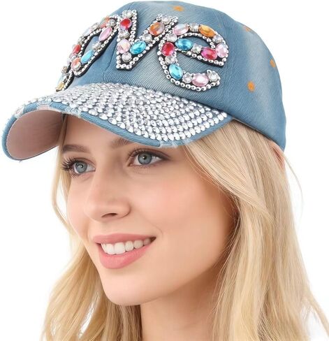 Elonmo Cute Letter Love Womens Baseball Cap Jewel Rhinestone Bling Hats Jeans Wash Denim (Black) in Kuwait