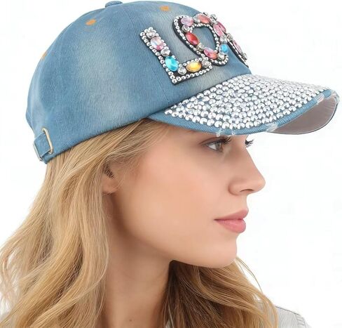 Elonmo Cute Letter Love Womens Baseball Cap Jewel Rhinestone Bling Hats Jeans Wash Denim (Black) in Kuwait