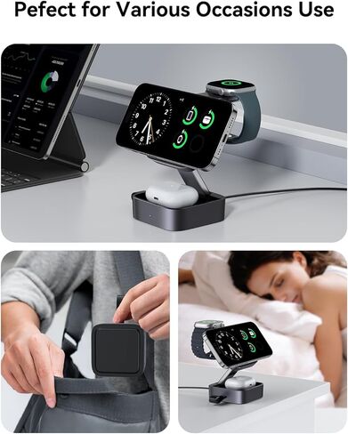 شاحن لاسلكي 3 في 1 لـ MagSafe، قاعدة شحن مغناطيسية قابلة للطي للسفر لأجهزة Apple iPhone 15/14/13/12 Series وAirPods Pro/3/2 وApple Watch/Ultra (5W) - أسود + رمادي in Kuwait