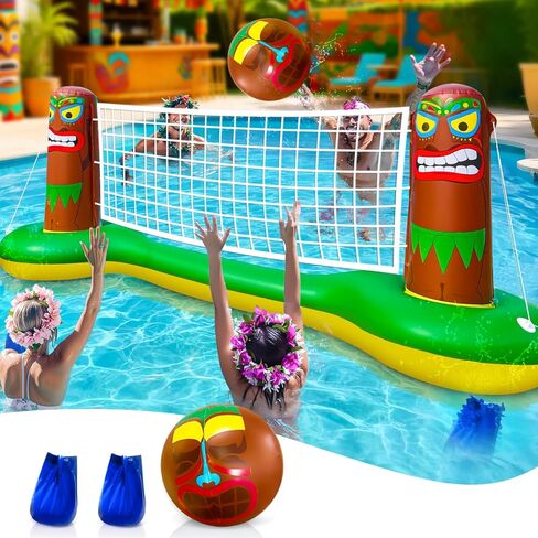 TURNMEON Large Inflatable Luau Tiki Pool Volleyball Net Pool Float Set with 9" Beach Ball, Floating Swimming Water Sports Game Toy for Adults & Kids, Summer Luau Tropical Hawaiian Pool Party Supplies in Kuwait