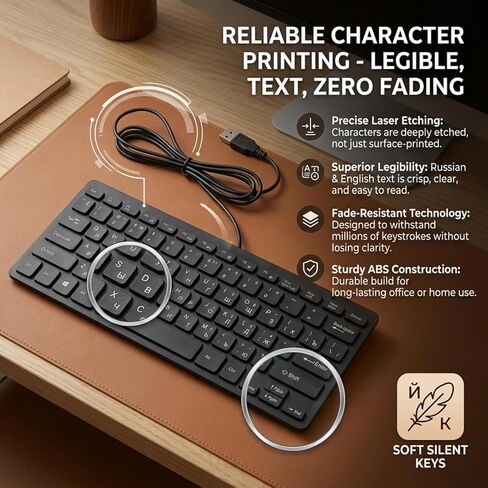 Yosoo Computer Keyboard Mini Thin 78 Keys Keyboard, USB Wired Keyboard with Russian German French English, Portable Personal Wired Keyboard Mute for Desktop Computer Laptop (Russian) in Kuwait