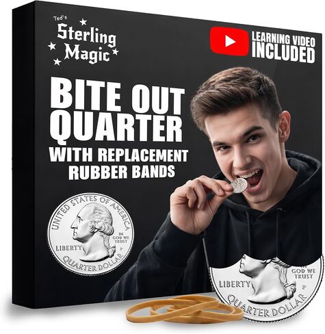 Ted's Sterling Magic US Bite Out Quarter Trick Kit with 5 Replacement Rubber Bands (Bite Out Quarter) in Kuwait