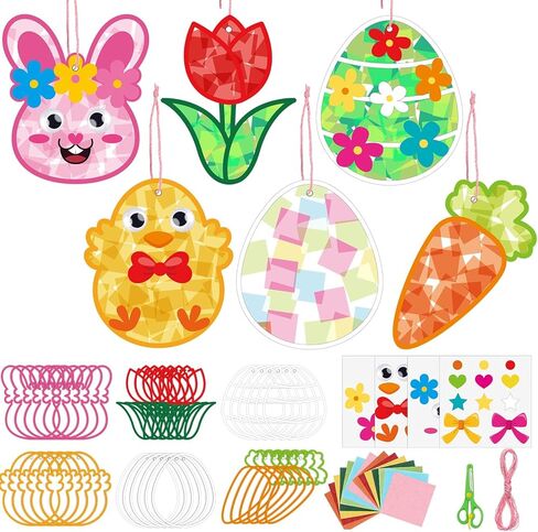 24 Pack Easter Suncatcher Kit Kit Easter Paper Crafts Glass DIY Window Art Kit Bunny Egg Carrot Ornament 1400 Tissue Paper Window Decor in Kuwait