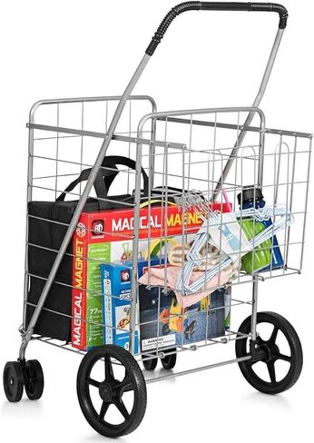 SPSUPE Folding Shopping Cart, Large Utility Cart Hold Up to 90 Lbs, with Double Basket, 360° Rolling Swivel Wheels, Ideal for Grocery Laundry Luggage Travel, Multiple Uses Easy to Move (Black) in Saudi Arabia