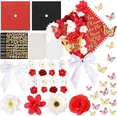 55 PCS Pink DIY Cap Cap Decorations Faux Faux Flowers Flowers Pink Bows 3D Butterfly Stickers Glitter Alphabet رقم الرسالة لشارات DIY قبعة GRAD CAP Topper التخرج الإمدادات in Kuwait