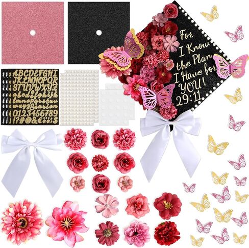 55 Pcs Pink DIY Graduation Cap Decorations Faux Assorted Flowers Pink Bows 3D Butterfly Stickers Glitter Alphabet Letter Number Decals for DIY Hat Grad Cap Topper Graduation Party Supplies in Kuwait