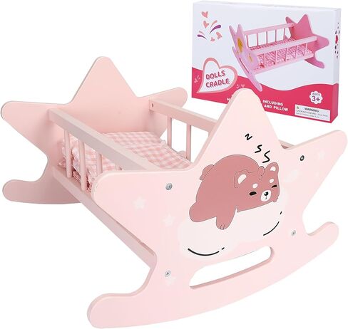 Wooden Baby Doll Crib Set, Pink Baby Doll Bed Toys, Rocking Baby Doll Cradle Accessories, Play Cradle for Dolls, Doll Furniture Accessories,Gift for Boys Girls Kids, Ages 3+ in Kuwait