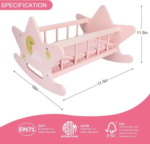 Wooden Baby Doll Crib Set, Pink Baby Doll Bed Toys, Rocking Baby Doll Cradle Accessories, Play Cradle for Dolls, Doll Furniture Accessories,Gift for Boys Girls Kids, Ages 3+ in Kuwait