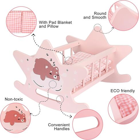 Wooden Baby Doll Crib Set, Pink Baby Doll Bed Toys, Rocking Baby Doll Cradle Accessories, Play Cradle for Dolls, Doll Furniture Accessories,Gift for Boys Girls Kids, Ages 3+ in Kuwait