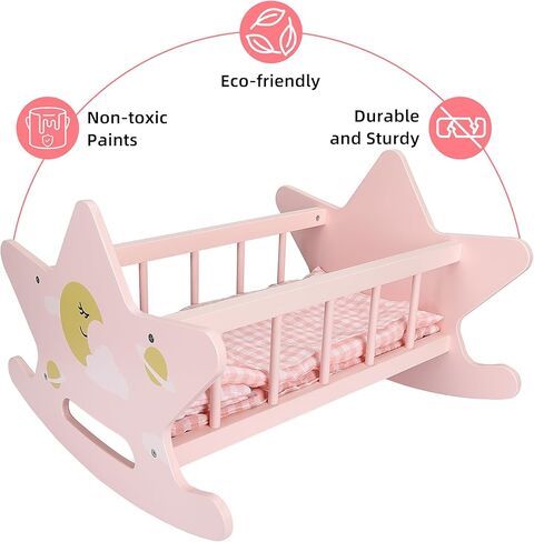 Wooden Baby Doll Crib Set, Pink Baby Doll Bed Toys, Rocking Baby Doll Cradle Accessories, Play Cradle for Dolls, Doll Furniture Accessories,Gift for Boys Girls Kids, Ages 3+ in Kuwait