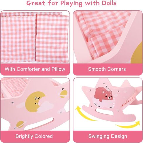 Wooden Baby Doll Crib Set, Pink Baby Doll Bed Toys, Rocking Baby Doll Cradle Accessories, Play Cradle for Dolls, Doll Furniture Accessories,Gift for Boys Girls Kids, Ages 3+ in Kuwait