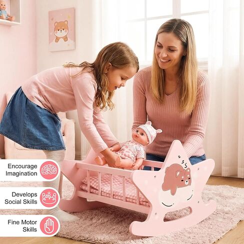 Wooden Baby Doll Crib Set, Pink Baby Doll Bed Toys, Rocking Baby Doll Cradle Accessories, Play Cradle for Dolls, Doll Furniture Accessories,Gift for Boys Girls Kids, Ages 3+ in Kuwait