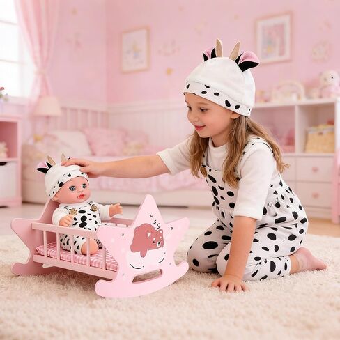 Wooden Baby Doll Crib Set, Pink Baby Doll Bed Toys, Rocking Baby Doll Cradle Accessories, Play Cradle for Dolls, Doll Furniture Accessories,Gift for Boys Girls Kids, Ages 3+ in Kuwait