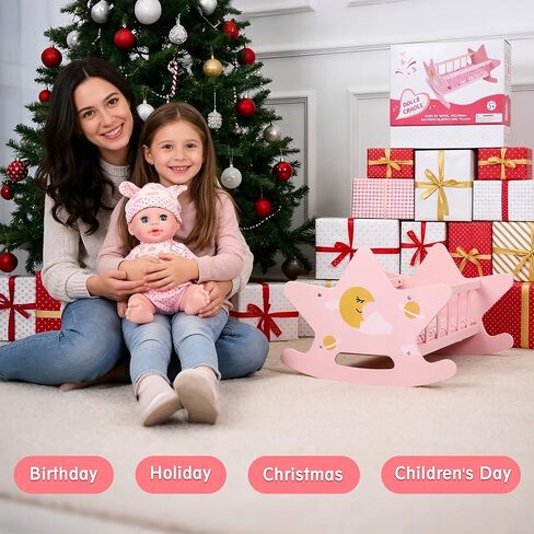 Wooden Baby Doll Crib Set, Pink Baby Doll Bed Toys, Rocking Baby Doll Cradle Accessories, Play Cradle for Dolls, Doll Furniture Accessories,Gift for Boys Girls Kids, Ages 3+ in Kuwait
