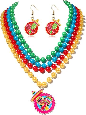 Cinco de Mayo Fiesta Netclaces أقراط مكسيكية Sombrero Cactus Charm Dangle Accound Arrings بيان قلادة بلاستيكية ملونة بالخرز متعة تاكو تاكو يوم الثلاثاء زخرفة أزياء حفل العيد في المهرجان المكسيكي. in Kuwait