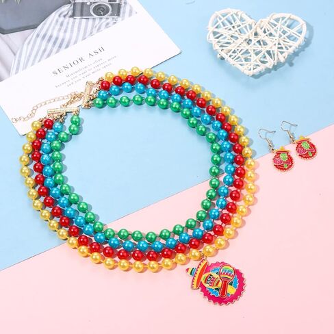 Cinco de Mayo Fiesta Netclaces أقراط مكسيكية Sombrero Cactus Charm Dangle Accound Arrings بيان قلادة بلاستيكية ملونة بالخرز متعة تاكو تاكو يوم الثلاثاء زخرفة أزياء حفل العيد في المهرجان المكسيكي. in Kuwait