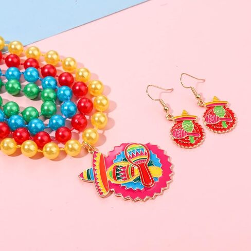 Cinco de Mayo Fiesta Netclaces أقراط مكسيكية Sombrero Cactus Charm Dangle Accound Arrings بيان قلادة بلاستيكية ملونة بالخرز متعة تاكو تاكو يوم الثلاثاء زخرفة أزياء حفل العيد في المهرجان المكسيكي. in Kuwait