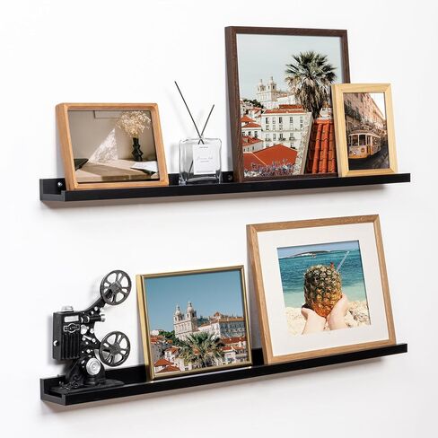 Floating Picture Ledge Shelves Set of 2, 16 Inch Solid Wood Wall Shelves with Lip, Large Nursery Book Shelf for Toys Storage, Kids Bookshelf, Living Room, Bedroom Decor Frames, Walnut Color in Saudi Arabia