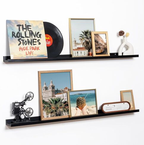 Floating Picture Ledge Shelves Set of 2, 16 Inch Solid Wood Wall Shelves with Lip, Large Nursery Book Shelf for Toys Storage, Kids Bookshelf, Living Room, Bedroom Decor Frames, Walnut Color in Saudi Arabia
