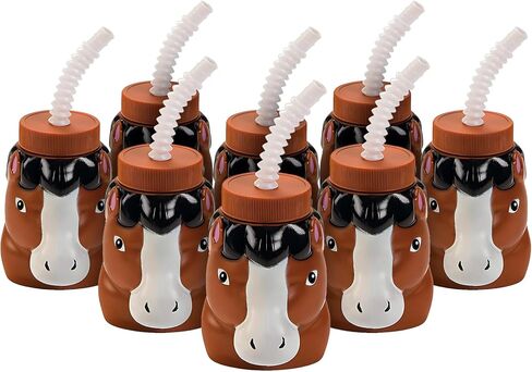 Fun Express Set of 8 Pieces Horse Shaped Cups with Lids & Straws, 4" Cups with 7.5" Straws, Holds 14 oz, BPA Free Plastic, Party Supplies and Favors for Kids, Multi-Color in Kuwait