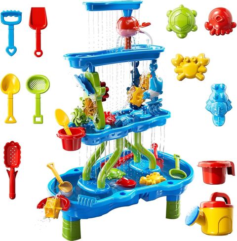 3-Tier Kids Water Table for Toddlers Kids Ages 3-5 4-8, Summer Outdoor Water Table Beach Kids Toys, Toddler Sensory Activity Sand Box Play Set with Rain Showers Splash Pond for Boys Girls in Saudi Arabia