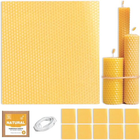 صفائح شمع العسل الطبيعية لصنع الشموع (حزمة 10 صفائح مع فتيل القطن) نغمة صفراء طبيعية - مجموعة شمعات شمع العسل DIY للأطفال والكبار in Kuwait