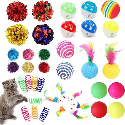 100Pcs Cat Toys Assortment - Interactive Kitten Toy Bundle with Sparkle Balls, Premium Silent Soft Pom Poms, Crinkle Balls & Spring Toys for Indoor Cats & Kittens in Saudi Arabia