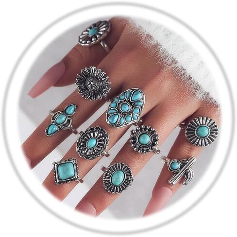 Bohemian Turquoise Ring Set for Women,Vintage Joint Knuckle Stackable Rings Oval Gemstone Ring Chunky Stone Crystal Midi Finger Ring Pack Western Jewelry Gifts in Kuwait