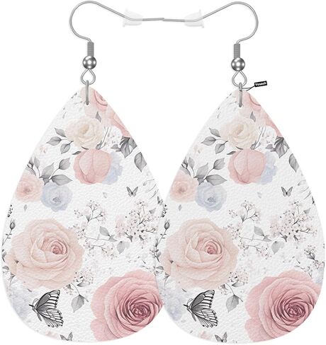 Vosach Pink Rose Fashion Faux Leather Earrings Elegant Flower Bouquet Leaves Spring Rose Pastel Wedding Teardrop Earrings Jewelry For Women Girls Bridal in Kuwait
