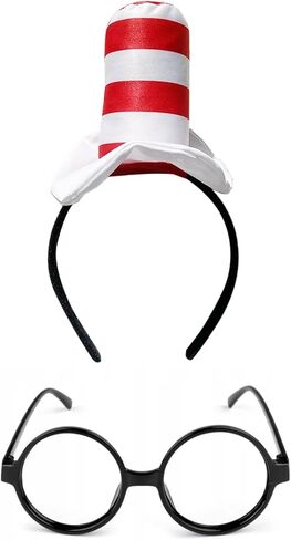 NUMJAW Red and White Striped Hat Costume Accessories for All Ages,Elastic Cat Inspired Hat with Whiskers Eyebrows for Reading Week Halloween in the Book Characters Cosplay Party in Kuwait