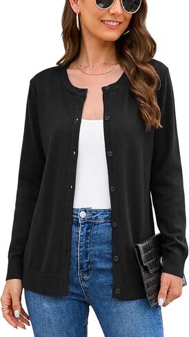 المرأة 2024 سترة البلوزات العصرية عارضة زر أسفل طويلة الأكمام طاقم الرقبة خفيفة الوزن متماسكة الخريف معطف بالأزرار in Kuwait