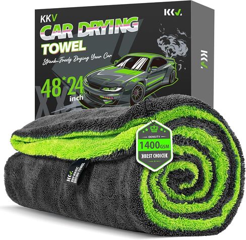 KKV Full-Sized SUV Drying Towel, 48"x24" Dual Sided Microfiber Car Cleaning Towel with Twisting Yarn Technique, 1400GSM Super Absorbent, Scratch-Free, Machine Washable (Darkgray-GreenYellow) in Kuwait