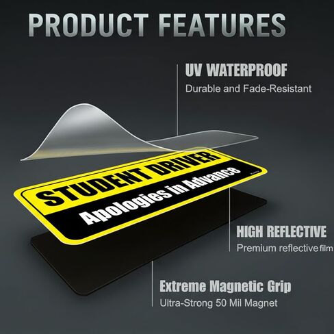 Student Driver Magnet for Car - 2-Pack Reflective Funny Magnetic Bumper Sticker Set - Removable Novice Driver Safety Attention Sign - Weather-Resistant (Yellow-Black) in Kuwait