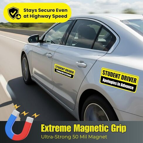 Student Driver Magnet for Car - 2-Pack Reflective Funny Magnetic Bumper Sticker Set - Removable Novice Driver Safety Attention Sign - Weather-Resistant (Yellow-Black) in Kuwait