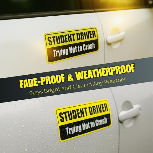 Student Driver Magnet for Car - 2-Pack Reflective Funny Magnetic Bumper Sticker Set - Removable Novice Driver Safety Attention Sign - Weather-Resistant (Yellow-Black) in Kuwait