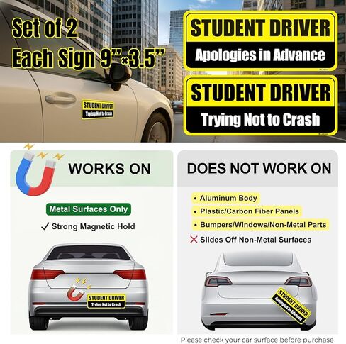 Student Driver Magnet for Car - 2-Pack Reflective Funny Magnetic Bumper Sticker Set - Removable Novice Driver Safety Attention Sign - Weather-Resistant (Yellow-Black) in Kuwait