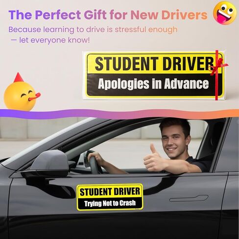 Student Driver Magnet for Car - 2-Pack Reflective Funny Magnetic Bumper Sticker Set - Removable Novice Driver Safety Attention Sign - Weather-Resistant (Yellow-Black) in Kuwait