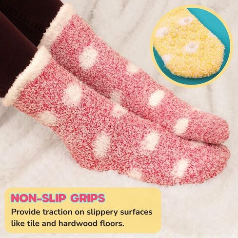 BambooMN Women's Extra Large Fuzzy Polka Dot Cuff Anti-Slip Grip Non-Slip Socks in Kuwait
