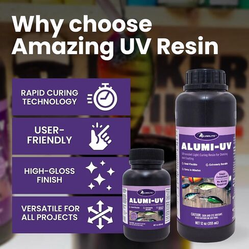 ألوميليت ألومي- UV 12 أونصة ، علاج سريع ، لمعان عالي ، راتنجات الأشعة فوق البنفسجية الصافية ، مثالية للحرف ، المجوهرات ، المظهر اللامع راتنج فورنج وطلاء ، مثالي لصيد الأسماك ، والوقايات in Kuwait
