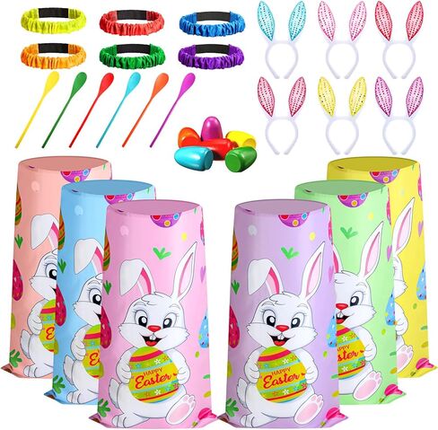 Civaner Easter Outdoor Games Set Includes 6 Plastic Bunny Potato Sack Race Bags, 6 Set Easter Egg and Spoon, 6 Bunny Ears Headbands 6 Legged Relay Race Band for Kid Adult Game Birthday (Classic Style) in Saudi Arabia