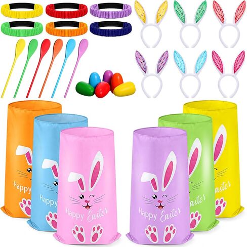 Civaner Easter Outdoor Games Set Includes 6 Plastic Bunny Potato Sack Race Bags, 6 Set Easter Egg and Spoon, 6 Bunny Ears Headbands 6 Legged Relay Race Band for Kid Adult Game Birthday (Classic Style) in Saudi Arabia
