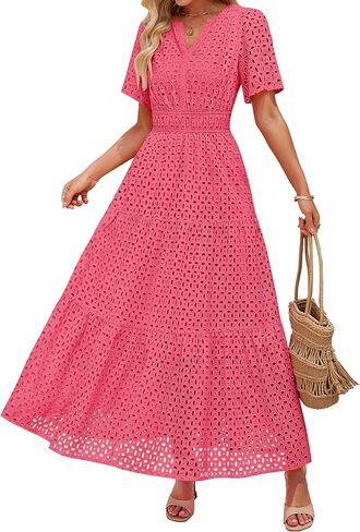 ZESICA Women's 2025 Summer Short Sleeve Maxi Dress Casual V Neck Hollow Out Eyelet Ruffle Swing A Line Long Dresses in Kuwait