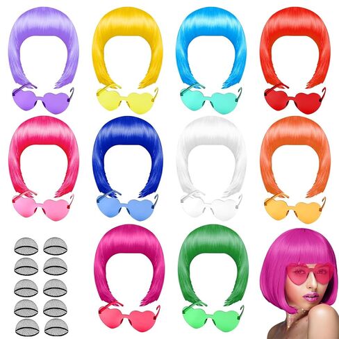 PLULON 20 Pieces Party Wigs and Sunglass Set, Neon Short Bob Wig Sunglass Pack Costume Colorful Cosplay Wig Daily Party Hairpieces for Bachelorette Neon Party Favors, Halloween Decorations in Kuwait