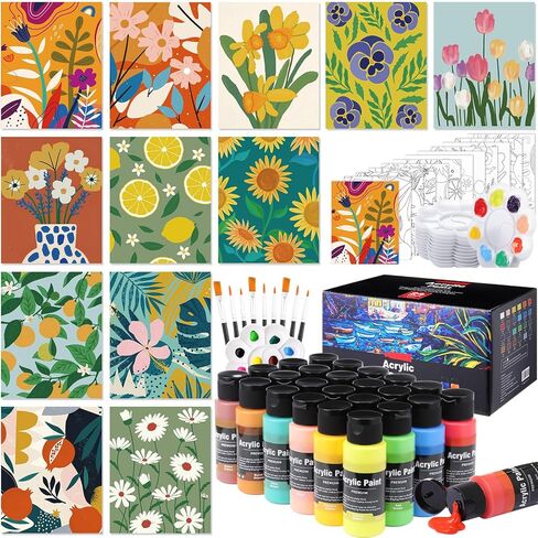 AmazingSpark 12 Set Paint and Sip Kit for Adults 8"x 10" Pre Drawn Canvas for Painting DlY Acrylic Paint Set with Brushes, 24 Colors(60ml, 2oz) for Date Night Party Supplies(Brilliant Scenery) in Kuwait
