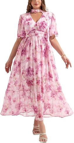 Women's 2025 Floral Summer Dress Smocked V Neck Boho Plus Size Beach Party Wedding Guest Ruffle Long Dresses in Kuwait